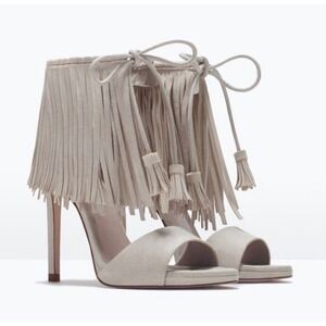 Zara Beige Faux Suede Fringe Lace Up Tassel Stiletto Heeled Sandals Size 8  NWT